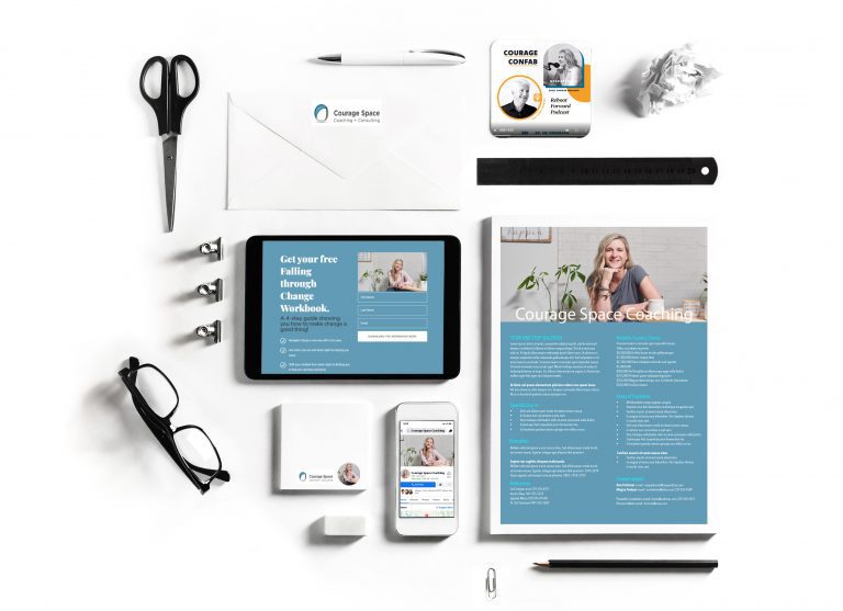 Flat lay example of how small business branding images could look on a tablet, mobile phone and corporate stationary by Vancouver business and branding photographer Angela McConnell
